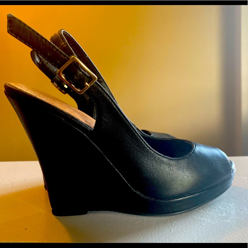 Authentic Black Leather Peep-Toe Wedges - size 6